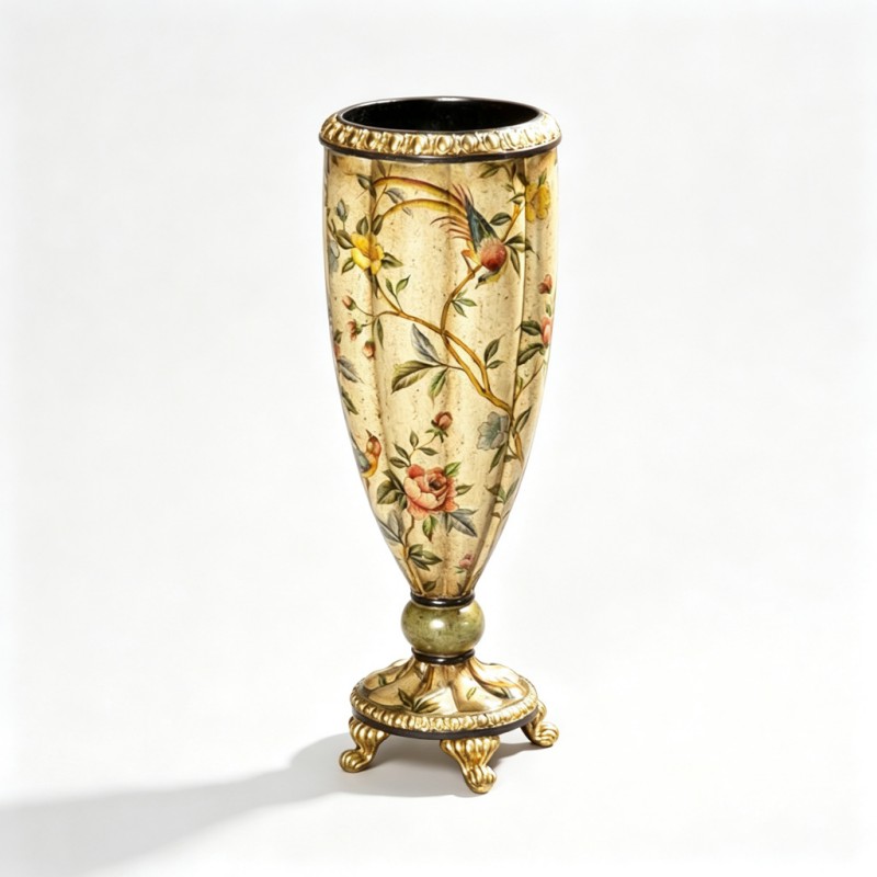 Beige-Gold Bird-Flower Pedestal-Cup-Shaped Vase