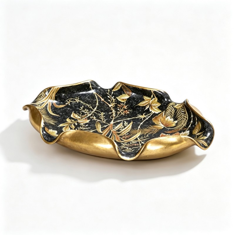 Black-Base Gold-Floral-Leaf Wavy-Scalloped Tray