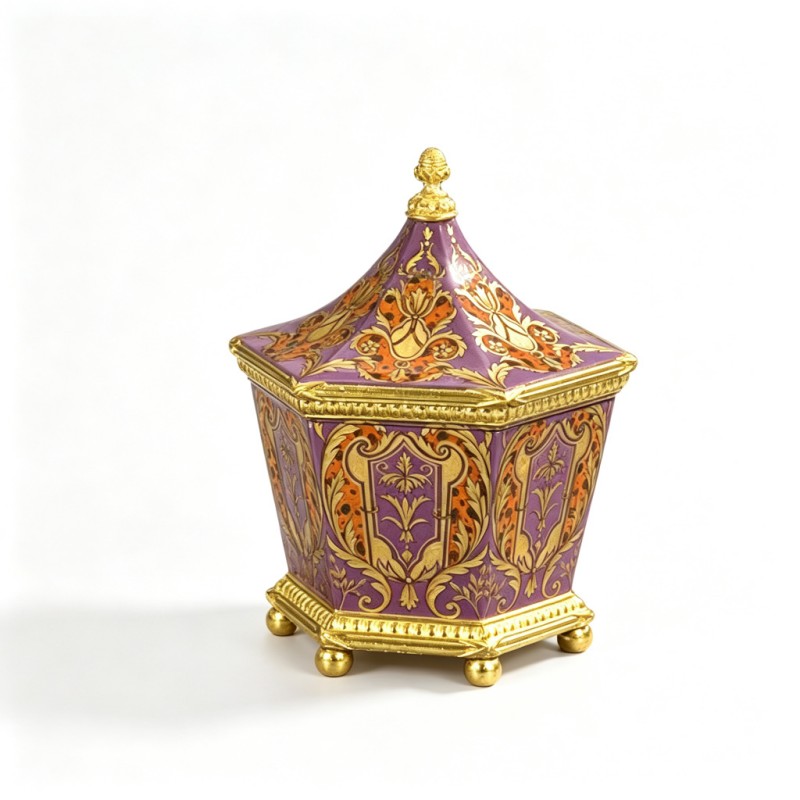 Purple-Glaze Gold-Orange-Scrollwork Hexagonal Pointed-Top Storage Jar