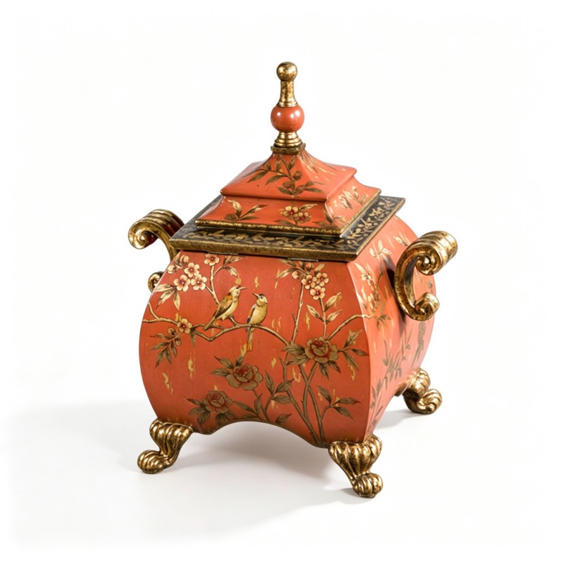 Orange-Red-Base Bird-Flower Pagoda-Lid Decorative Box