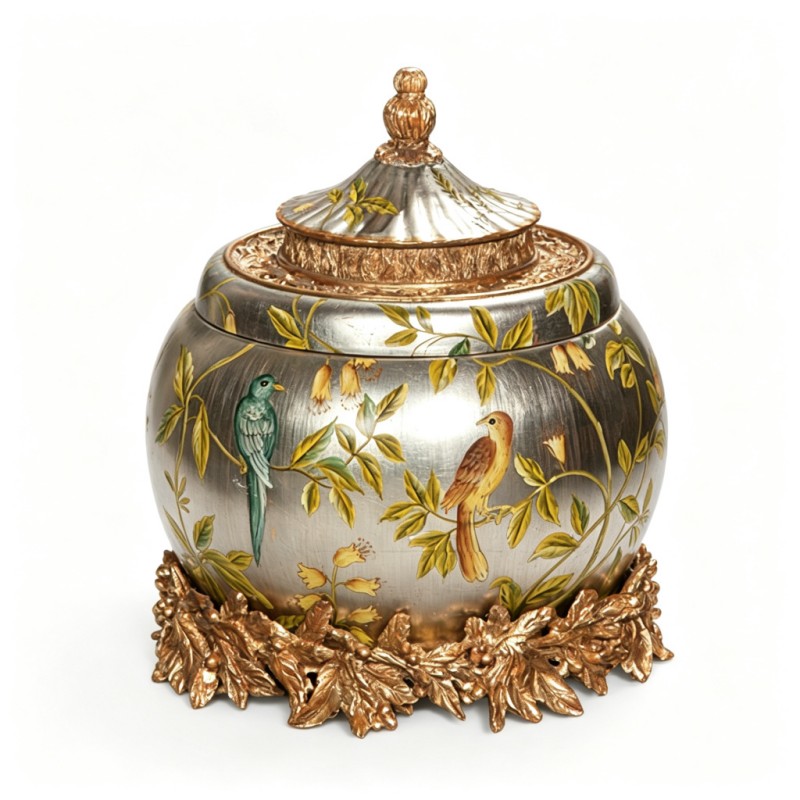 Silver Twin-Bird Floral-Lidded Porcelain Jar