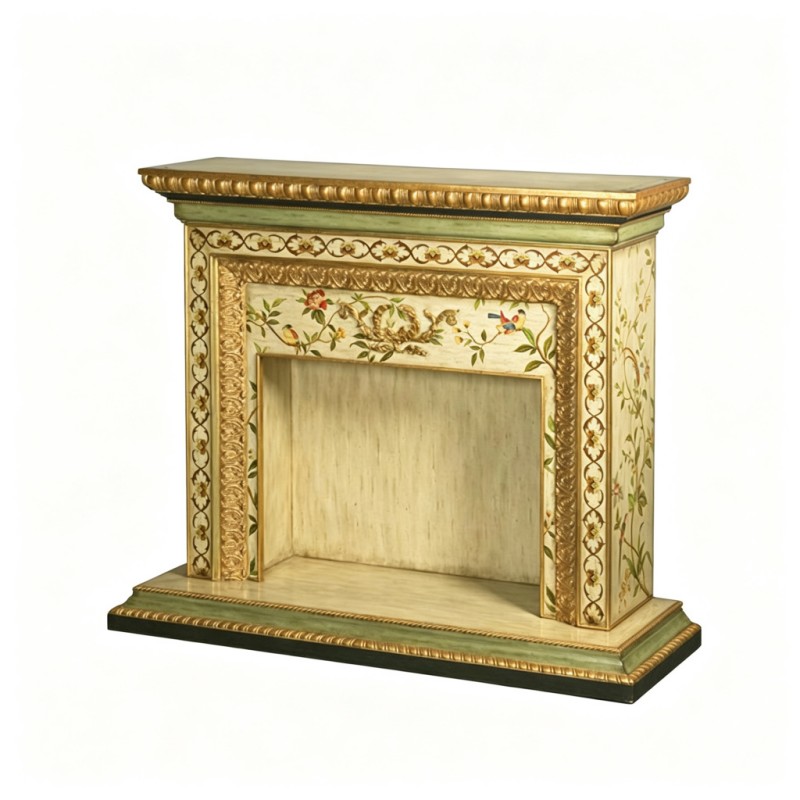 French Vintage Bird-Flower Hand-Painted Decorative Fireplace Mantel