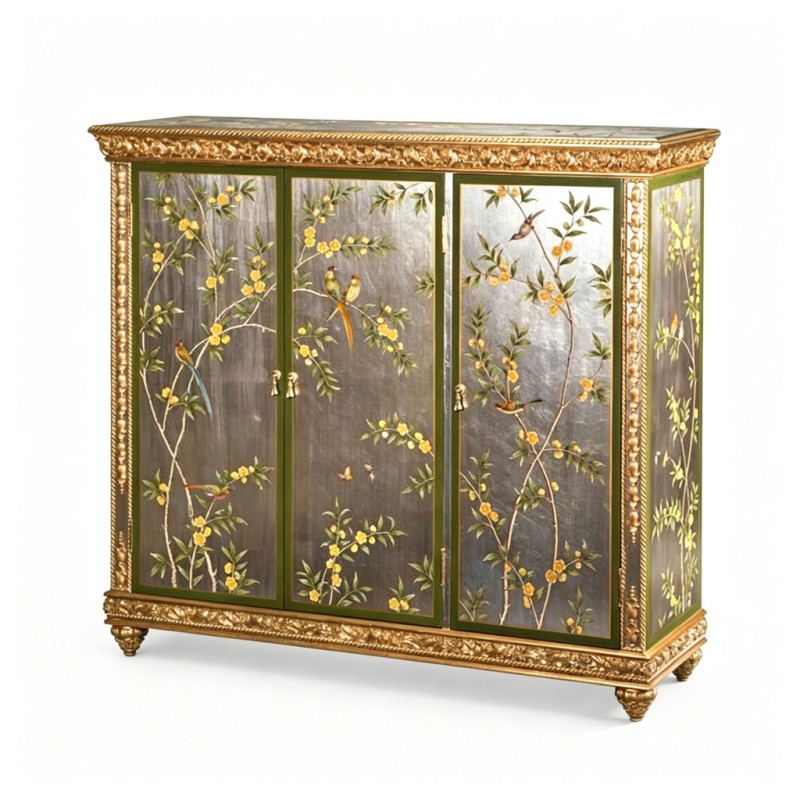 French Classical Bird-Flower Hand-Painted Three-Door Storage Cabinet