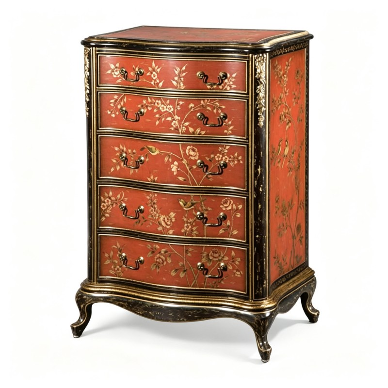 Chinese Gilt Bird-and-Flower Red Five-Drawer Chest