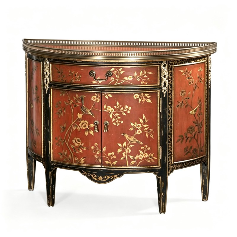 Gilt Classic French-Style Bird-and-Flower Demilune Console Cabinet