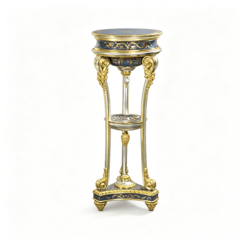 French Classical Deep-Blue Gilded Carved Pedestal Plant Stand