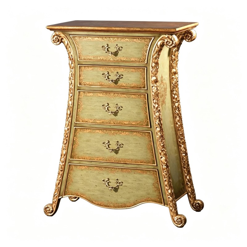 French Classical Light-Celadon Gilded Carved Five-Drawer Chest