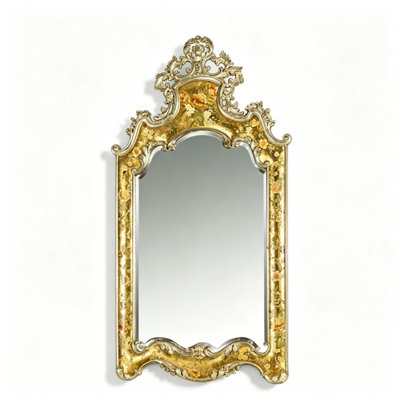 French Classical Gold-Carved Rose Hand-Painted Decorative Mirror