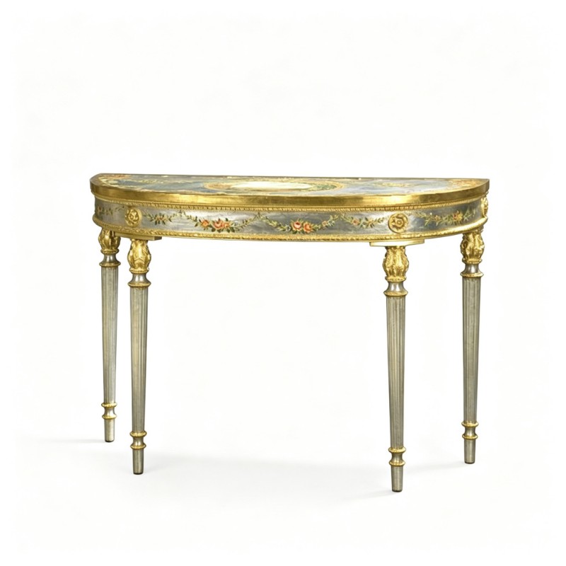 French Classical Demilune Hand-Painted Console Table