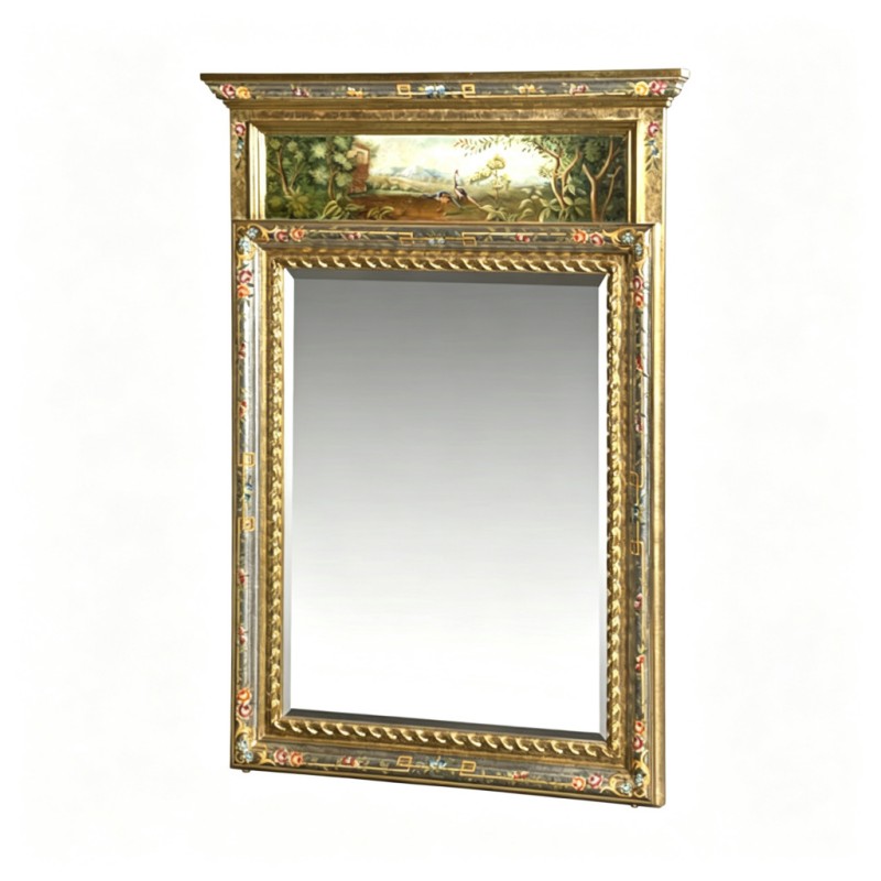 French Classical Gold-Carved Pastoral Hand-Painted Decorative Wall Mirror