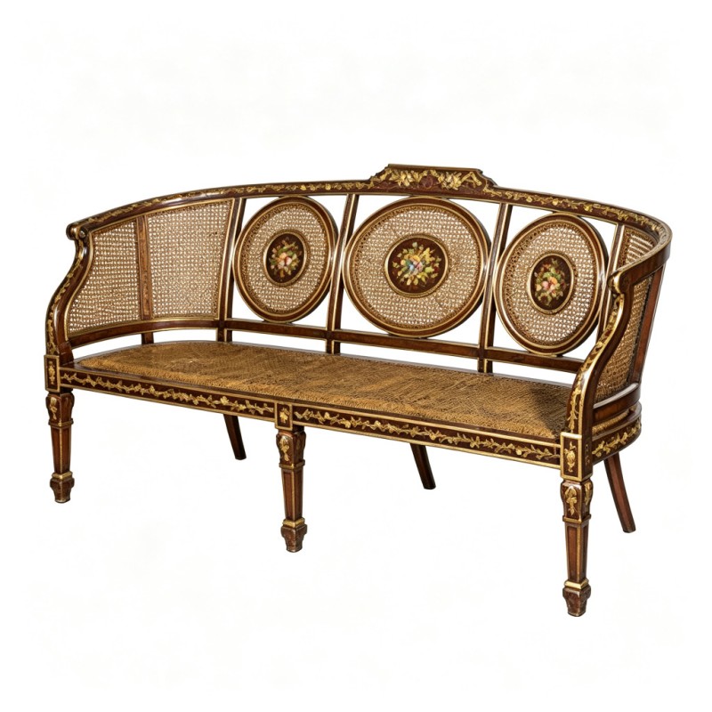 Classic French-Style Hand-Painted Rattan Two-Seat Bench