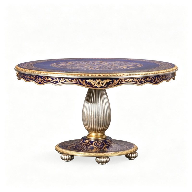 French Classical Deep-Blue Gold-Carved Round Decorative Table