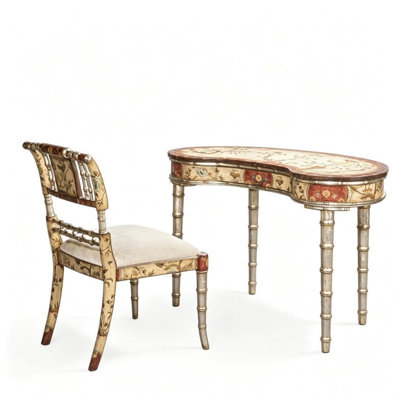 French Vintage Bamboo-Leg Vanity Table and Stool Set