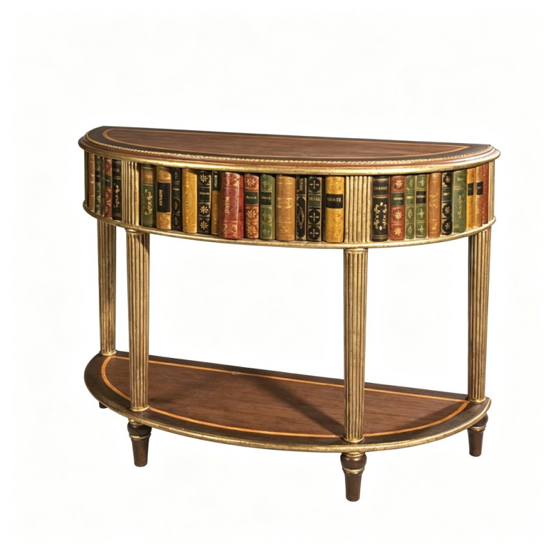 French-Style Faux Book-Spine Demilune Console Table