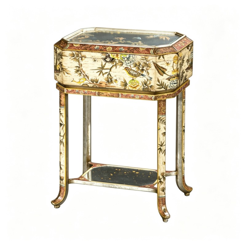 Chinese Bird-Flower Hand-Painted Octagonal Glass-Top Side Table