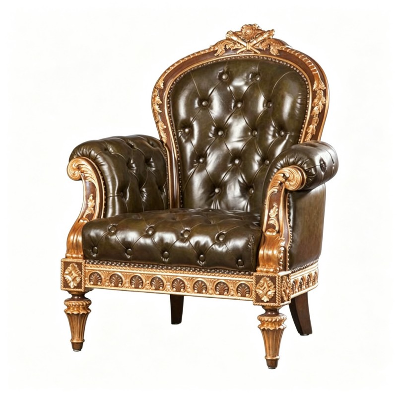 Classic French-Style Carved Genuine Leather Armchair