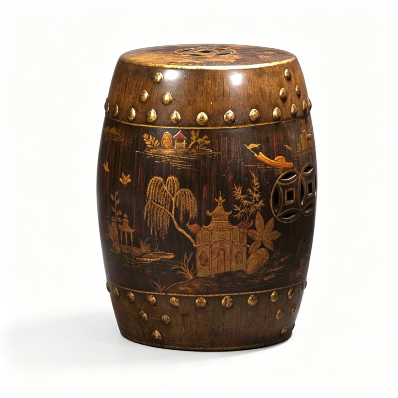 Chinese Gilt Landscape Drum Stool