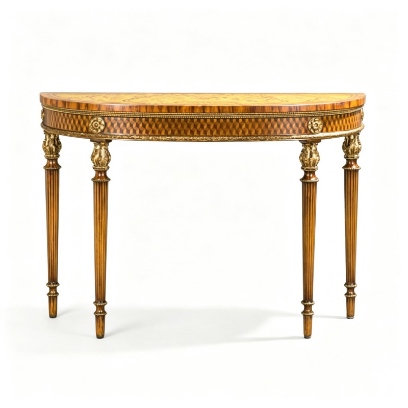 Gilded Classic French-Style Carved Demilune Console Table