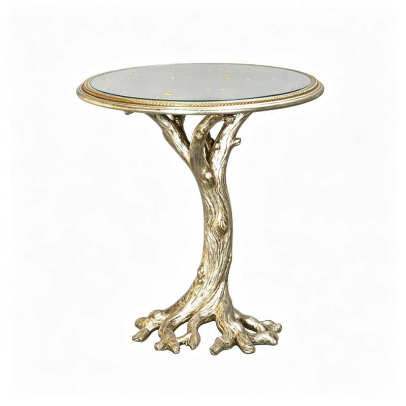 Tree-Root Gold-Detailed Glass-Top Side Table