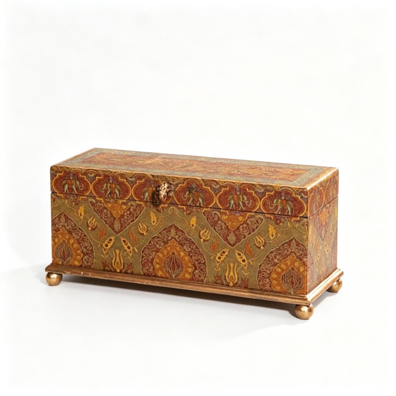 Brown-Red-Gold-Green Floral-Scrollwork Wooden Storage Chest