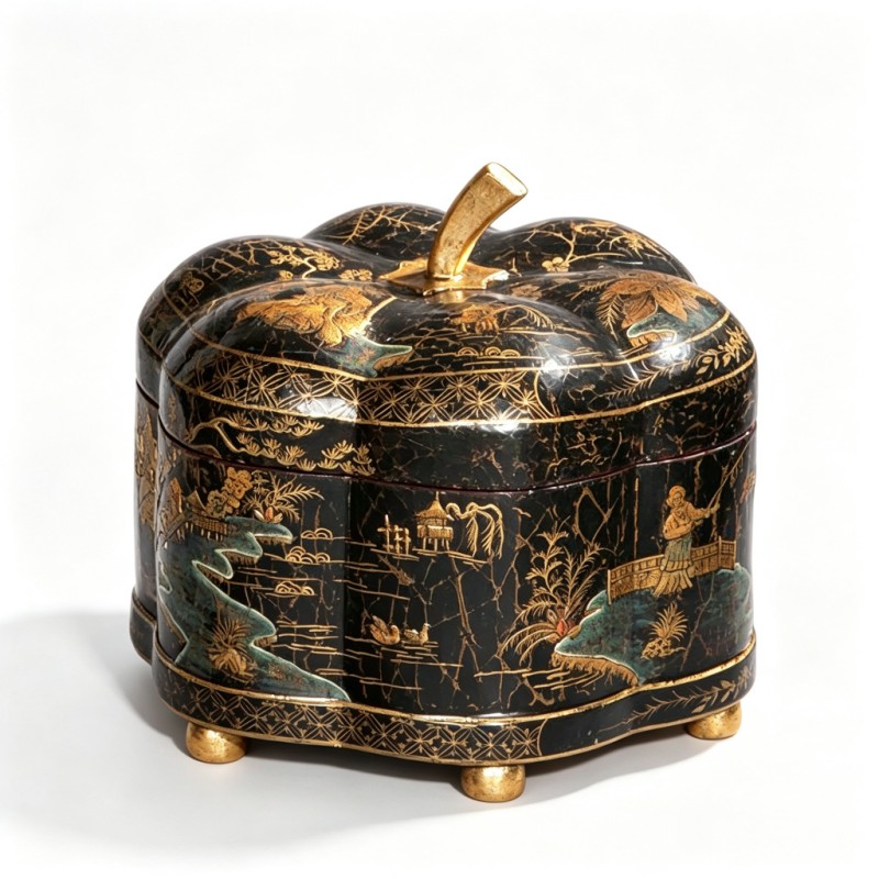 Black-Base Gilt-Landscape Pumpkin-Shaped Lacquer Lidded Box