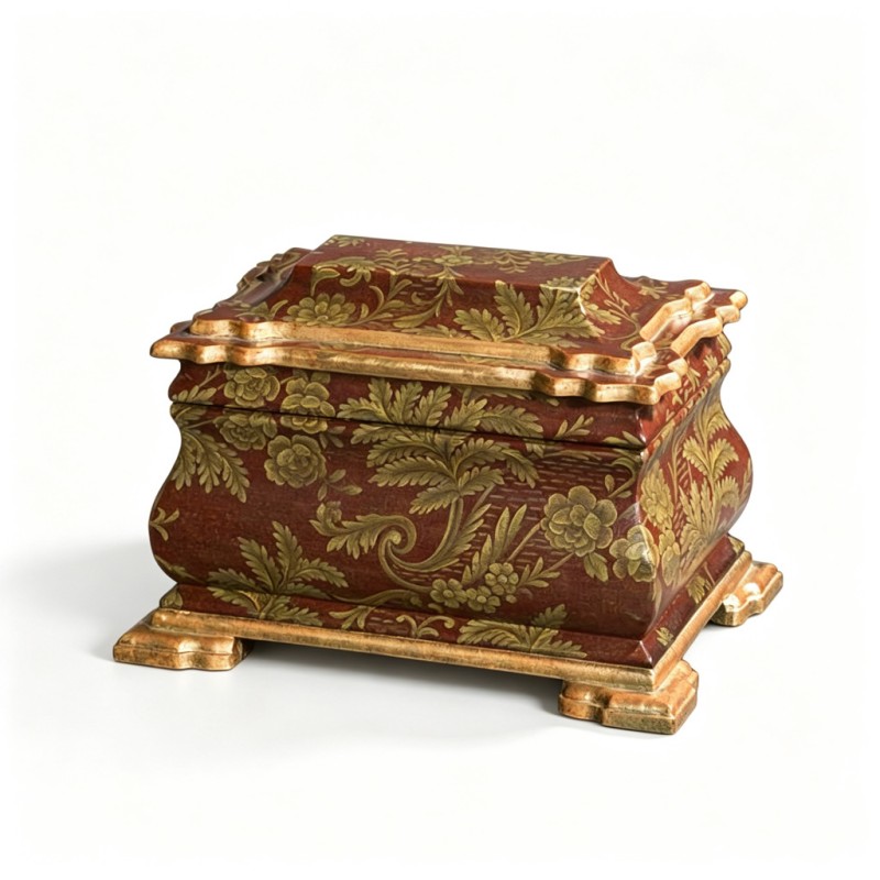 Red-Brown-Base Gold-Scrollwork Wavy Storage Box