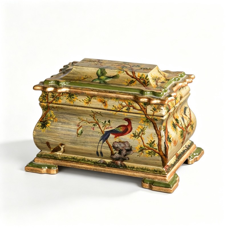 Wooden Hand-Painted Chinese Bird-Flower Square Box