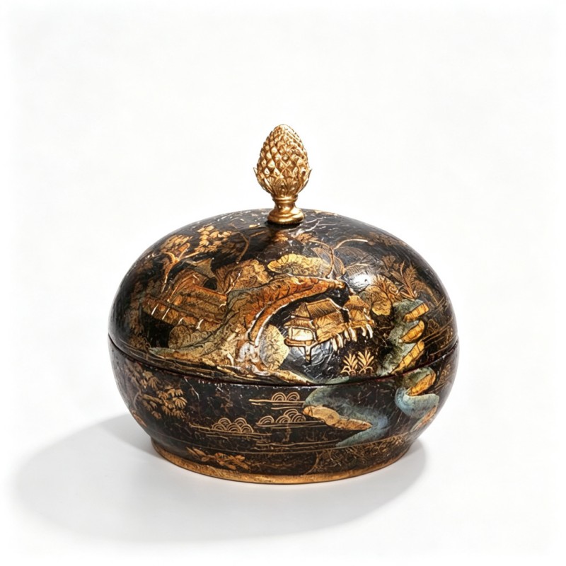 Black-Base Gilt-Landscape Round Lacquer Lidded Jar