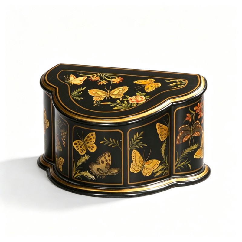 Black Gold-Edge Butterfly-Floral Fan-Shaped Jewelry Box