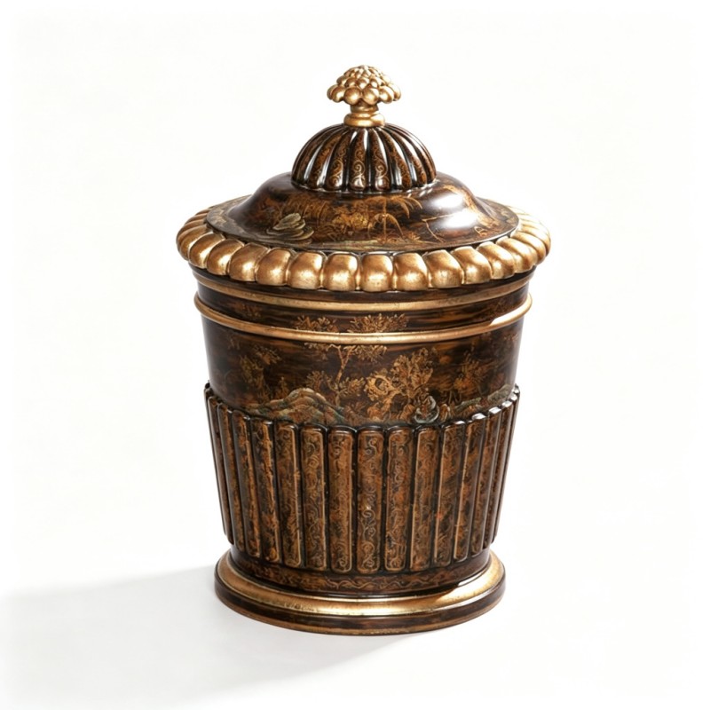 Dark-Brown Vertical-Ridge Gilt-Landscape Lidded Storage Jar