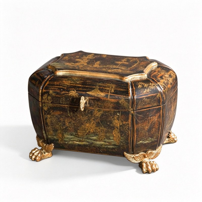 Dark Gold-Painted Landscape-Figure Bevelled-Corner Lacquer Box