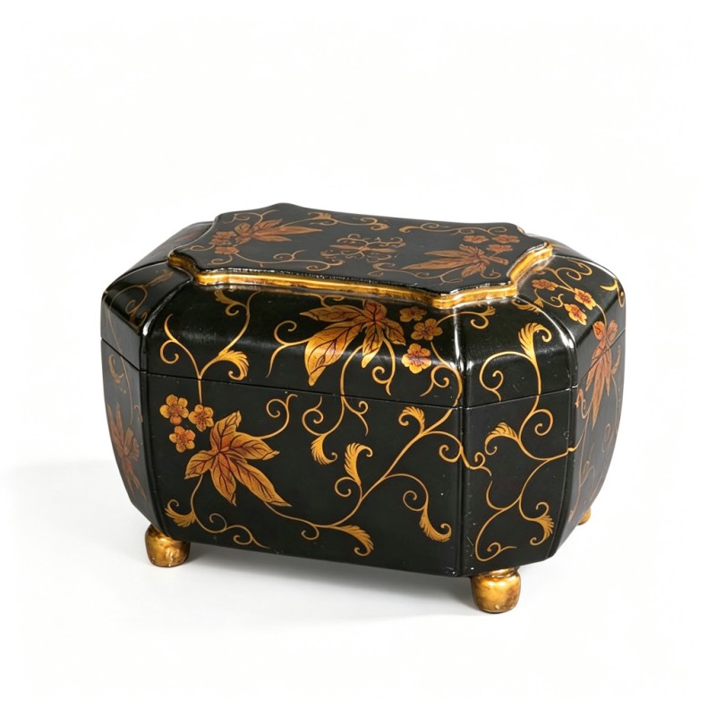 Black-Base Gold-Floral-Scrollwork Bevelled-Corner Lacquer Storage Box