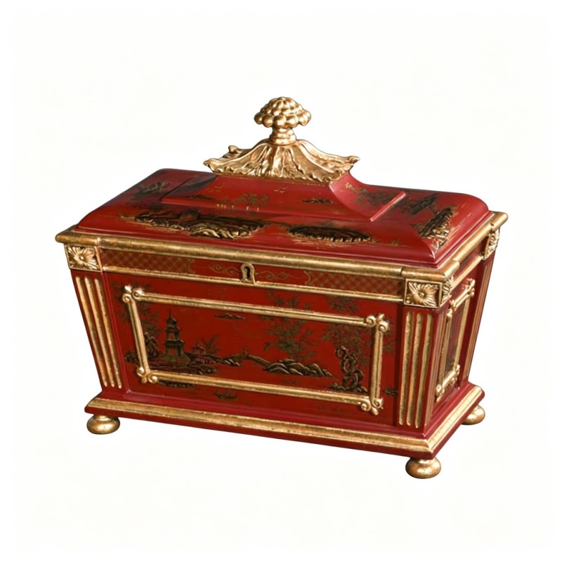 Vermilion-Lacquer Gilt-Landscape-Pavilion Storage Chest