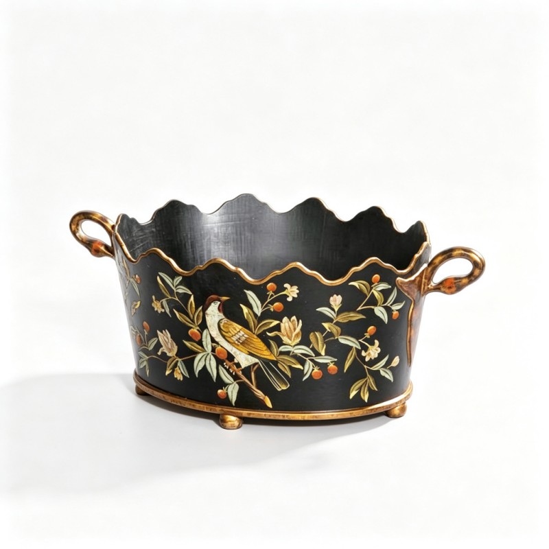 Black Wavy-Rim Hand-Painted Vase