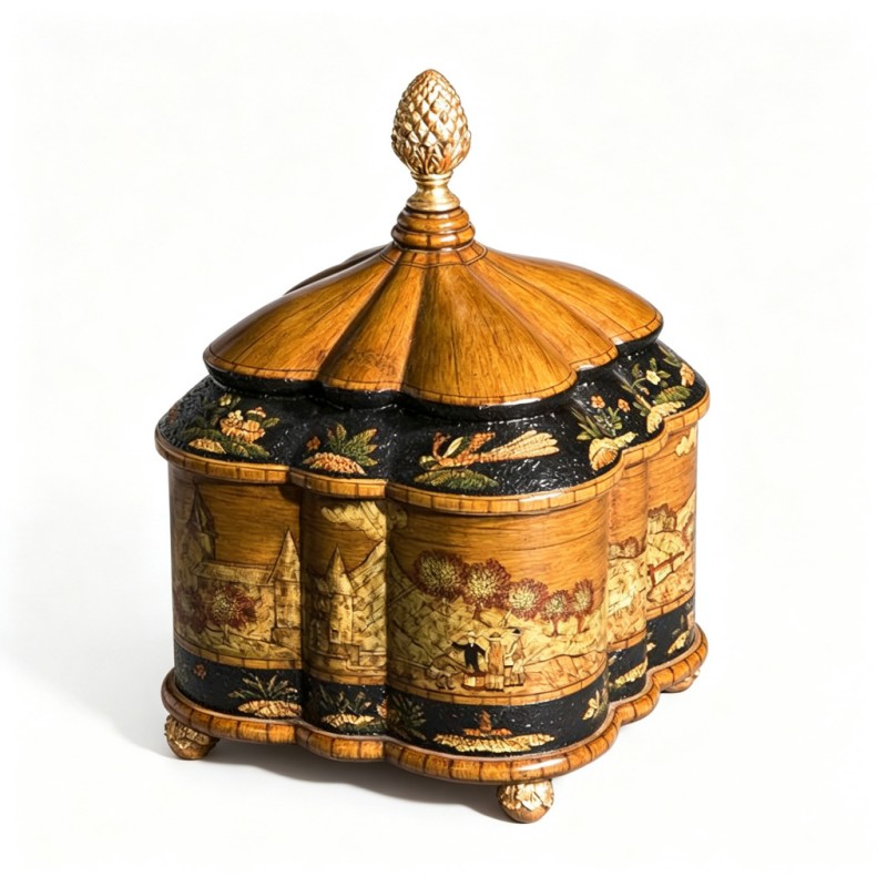 Warm-Wood Pastoral-Castle-Figure Petal-Lid Box