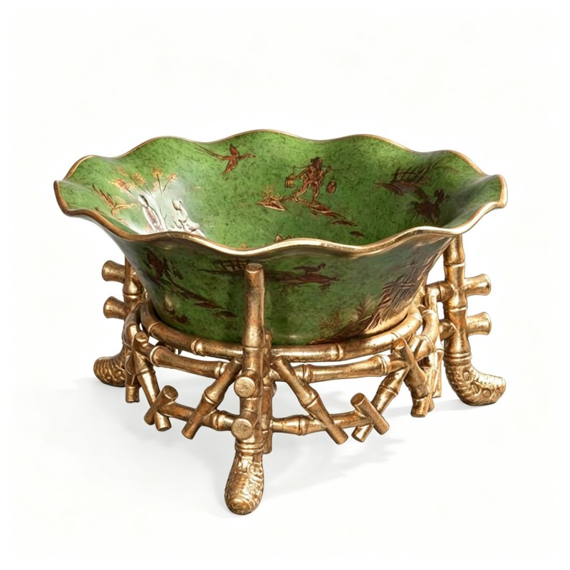 Green Gilt-Figure Lotus-Edge Porcelain-Bowl Ornament