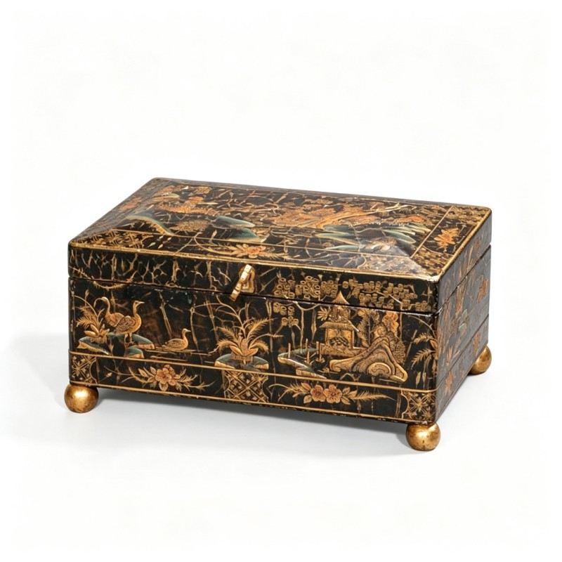 Black-Base Gilt-Landscape-Bird-Flower Long Lacquer Box