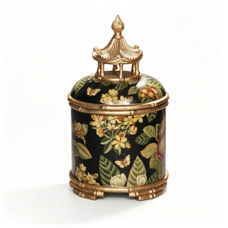 Black Floral-Fruit-Butterfly Hand-Painted Lidded Storage Jar