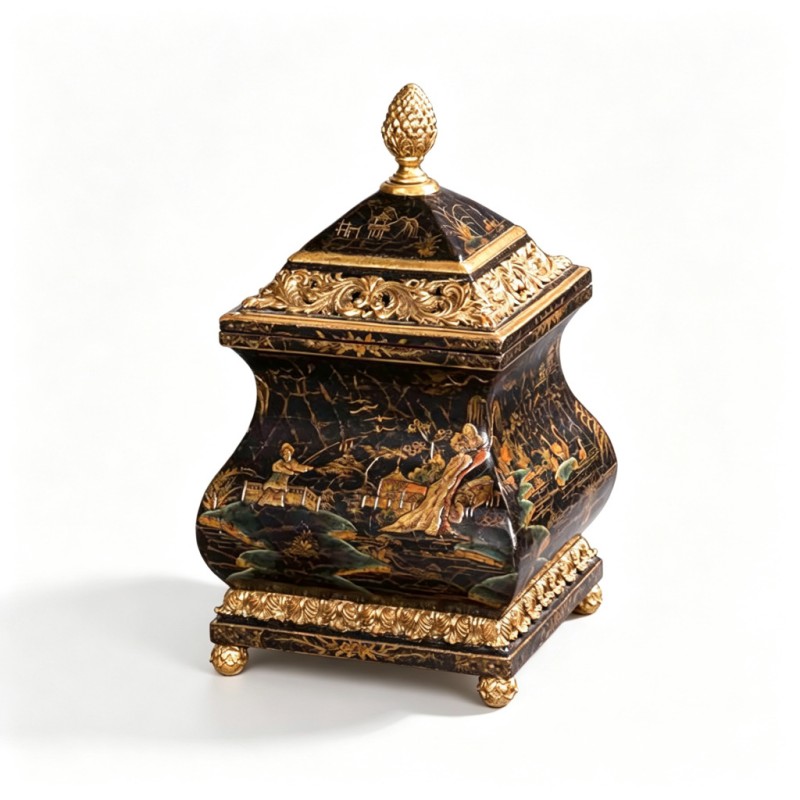 Black-Base Gilt-Figure-Landscape Lidded Jar