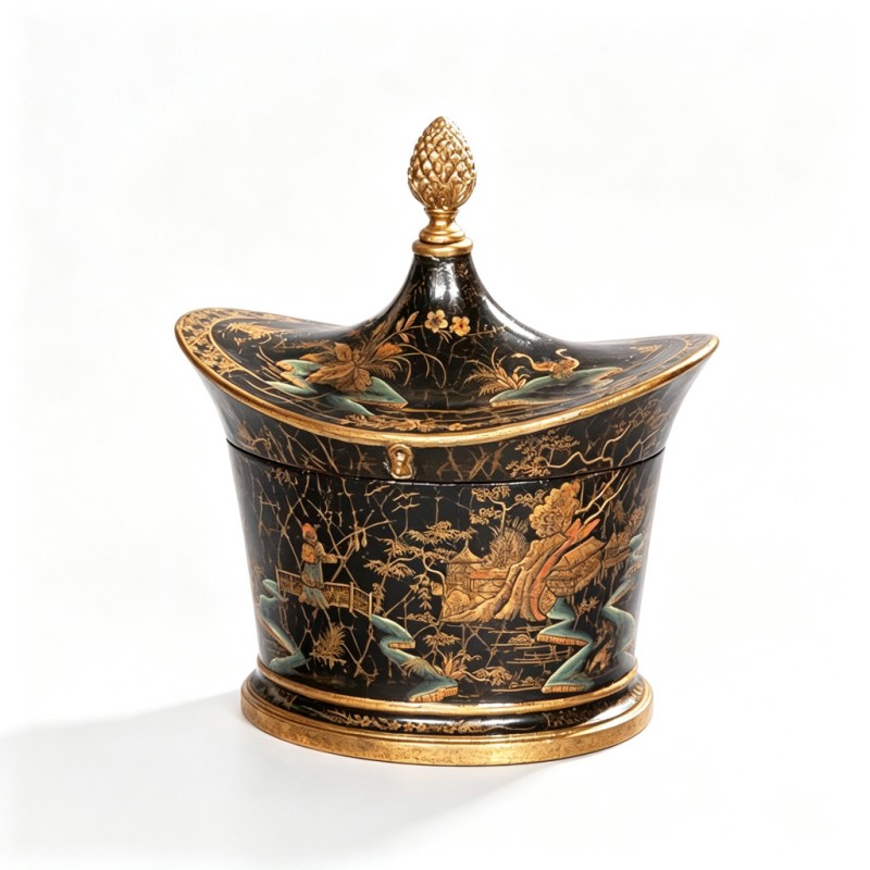 Black Gilt-Landscape-Figure Ingot-Lid Storage Jar
