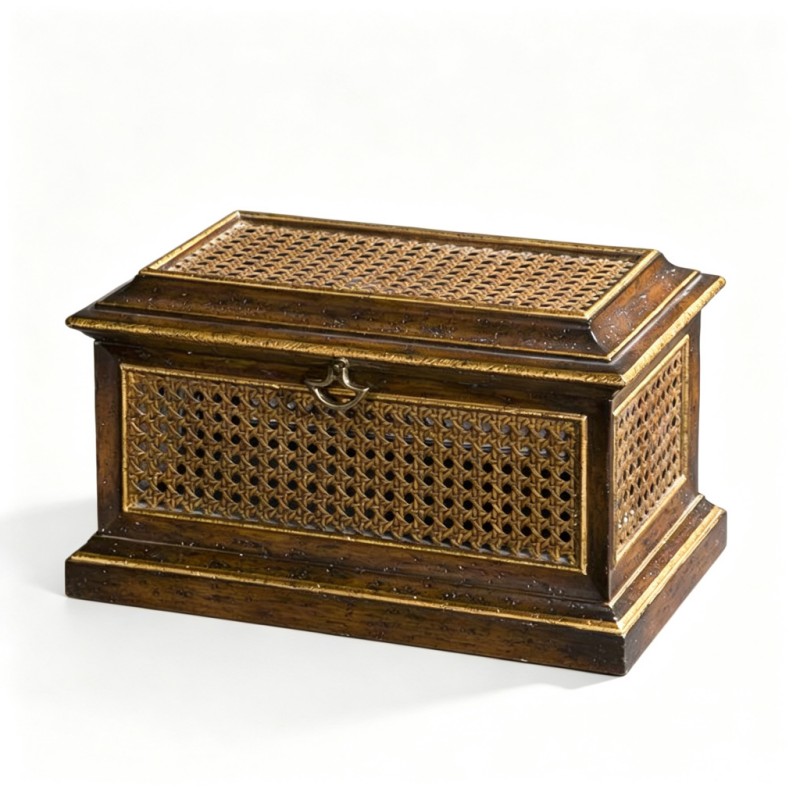 Dark-Brown Wooden Openwork-Rattan Storage Box