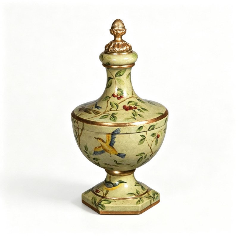 Light-Yellow-Green Gold-Edge Bird-Flower-Fruit Lidded Porcelain Jar