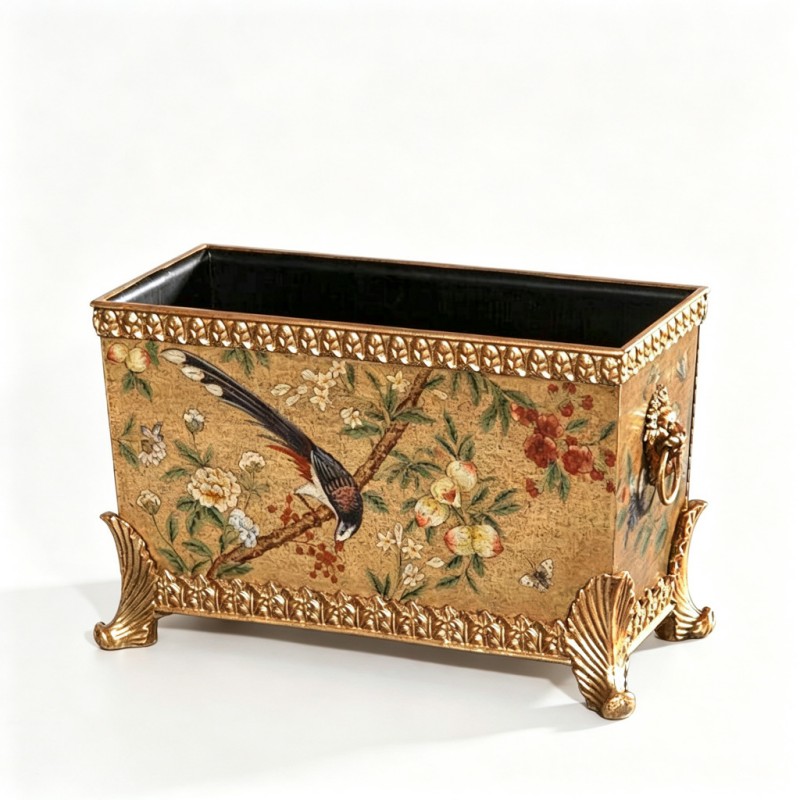 Gold-Brown-Base Bird-Flower-Peach-Butterfly Rectangular Vase