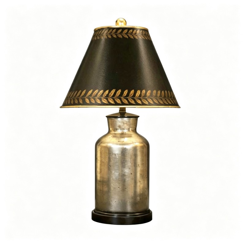 Vintage Silver-Gold Vase-Base Laurel-Pattern Black-Shade Table Lamp