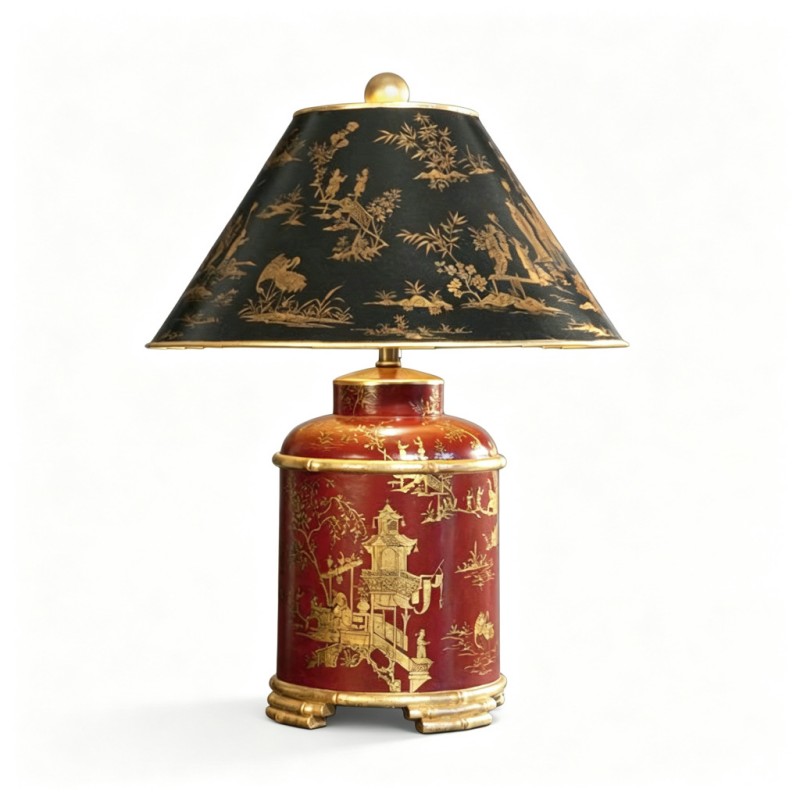 Chinese-Style Red-Glaze Gilt Pavilion-Figure Table Lamp