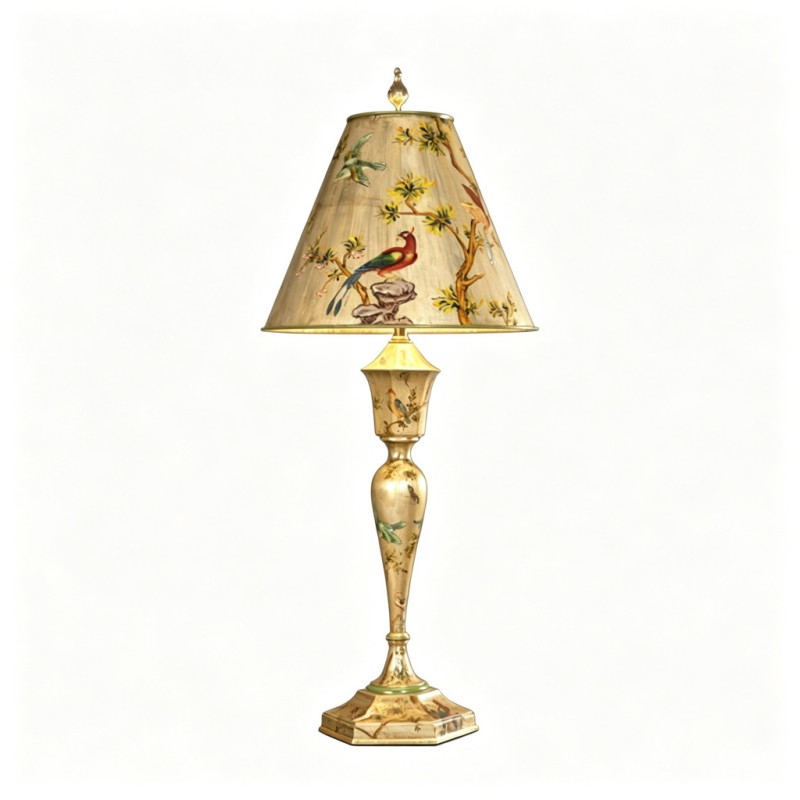 French-Style Bird-and-Flower Hand-Painted Gilded Table Lamp