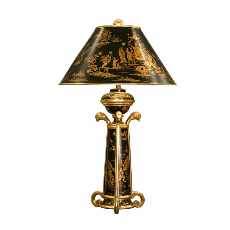 Chinese-Style Black-Base Gilded Figure-Landscape Table Lamp