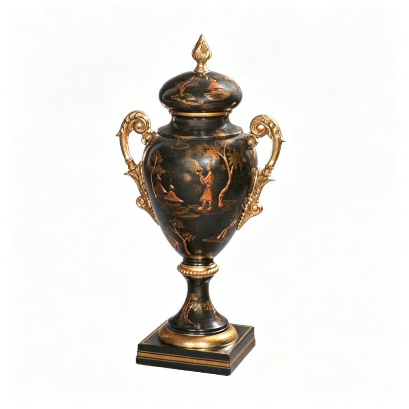 Chinese-Style Black-Base Gilt Double-Ear Lidded-Vase Decorative Ornament