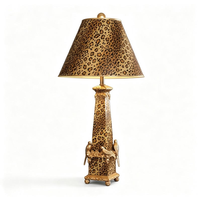 Luxurious Leopard-Print Gold-Bird Carved Table Lamp