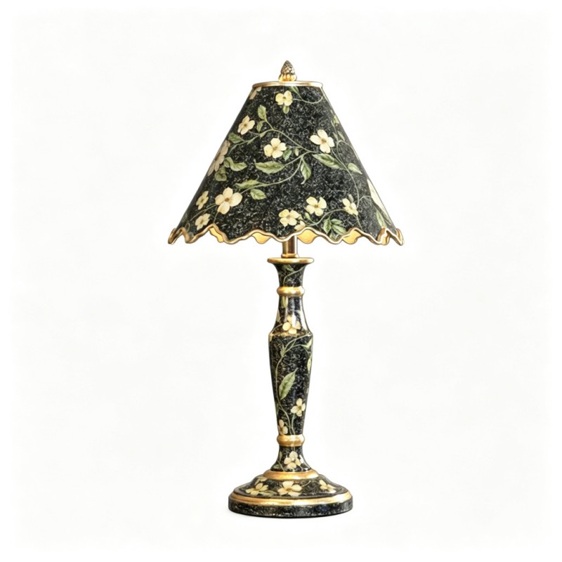 Vintage Black-Base Floral Scalloped-Edge Table Lamp